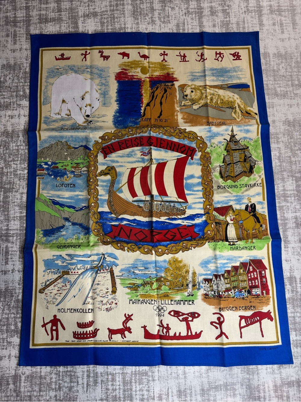 Vintage 1994 Norwegian Souvenir Cotton Tea Towel Winter Olympics 21x28.5